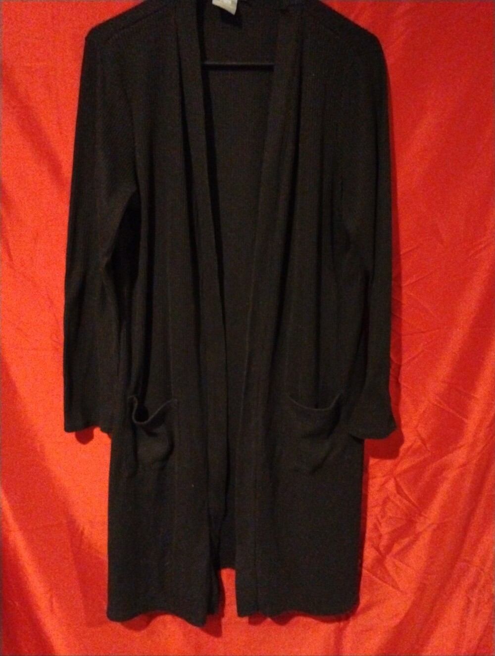 Daisy Fuentes Black Ribbed Duster Cardigan Open Front Pocketed Long Sweater - XL